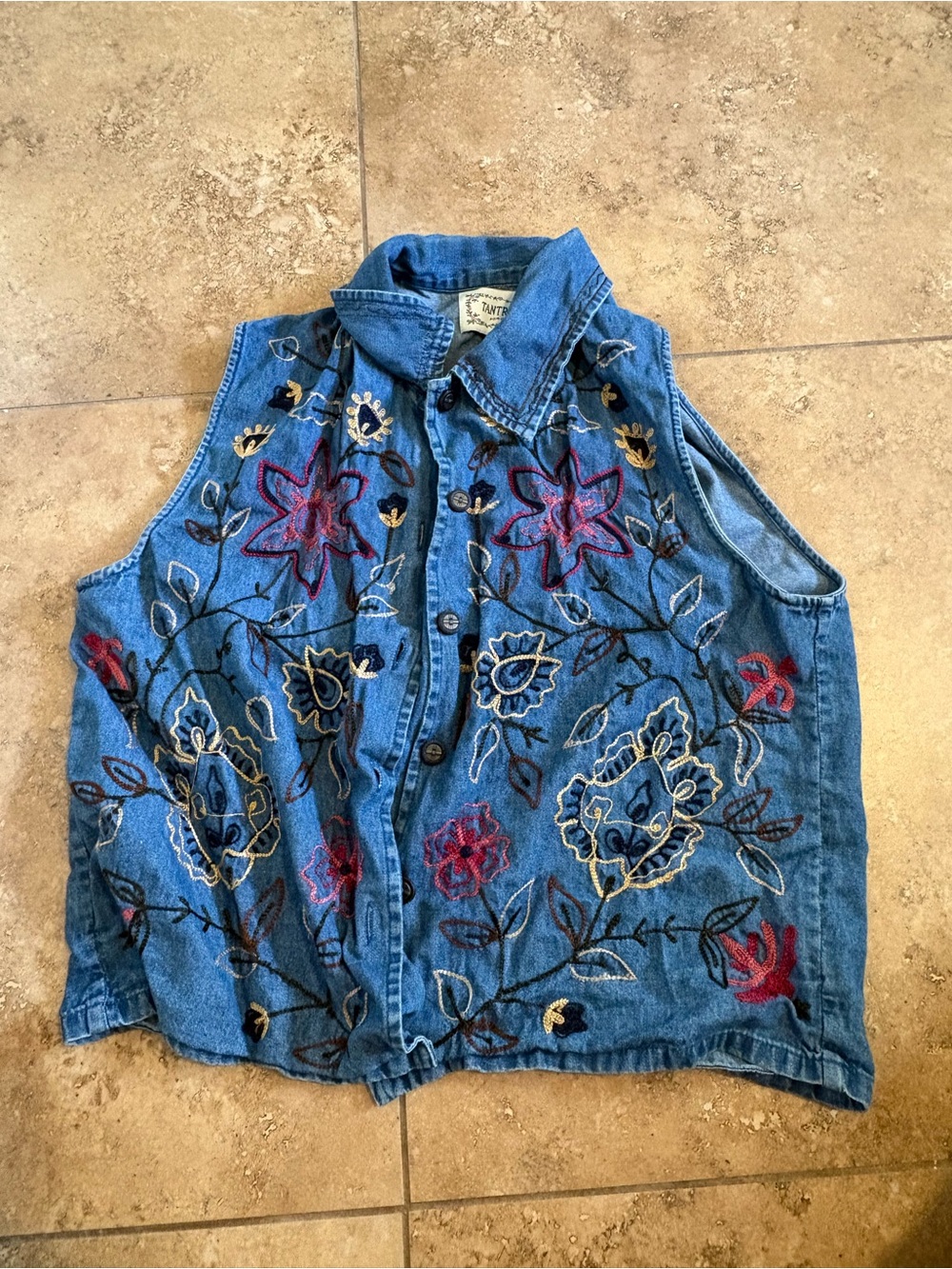 Embroidered Denim Button-Up Vest in Blue